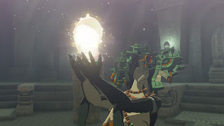 the Zora Sage with a green elephant helm, holding the Zonai Stone in front of her