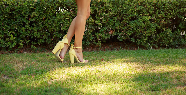 Yellow Block High Heels with origami bow at the back