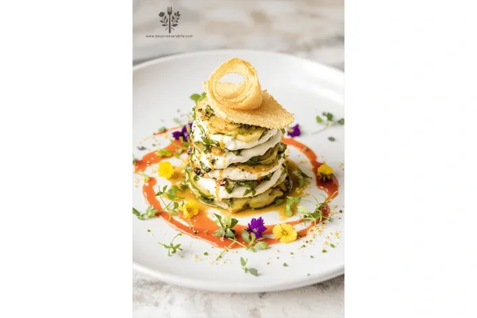 Elegant Artichoke Heart & Ricotta Stack with layers of marinated artichoke hearts, whipped ricotta, Parmesan tuile, and red pepper coulis