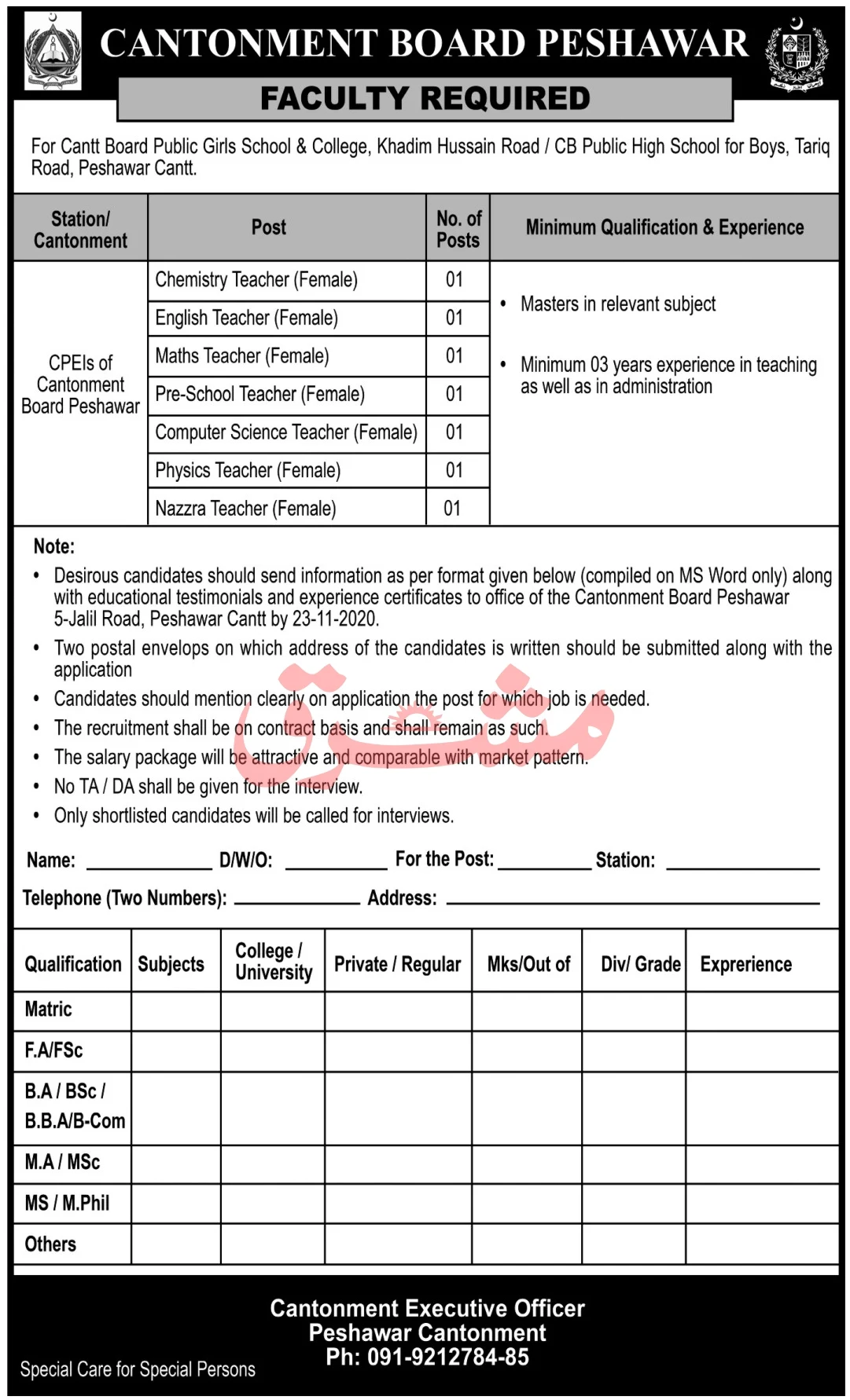 CANTONMENT BOARD PESHAWAR JOBS
