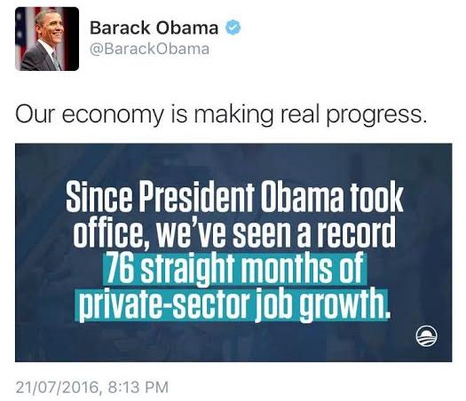 Americans come for Barack Obama after he tweets that there's been more jobs & economic growth since he became president 