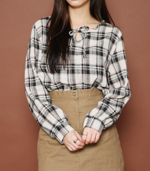 Self-Tie Neck Tartan Check Blouse