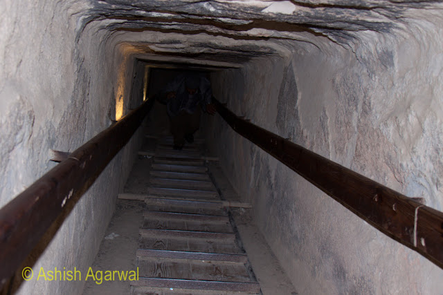 Cairo Pyramids - The steep path from the burial chamber of the structure next to the Great Pyramid
