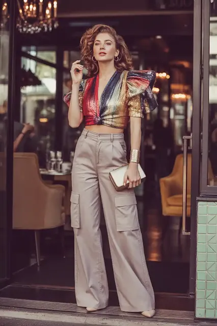 . Statement Top + Neutral Wide Leg Cargos