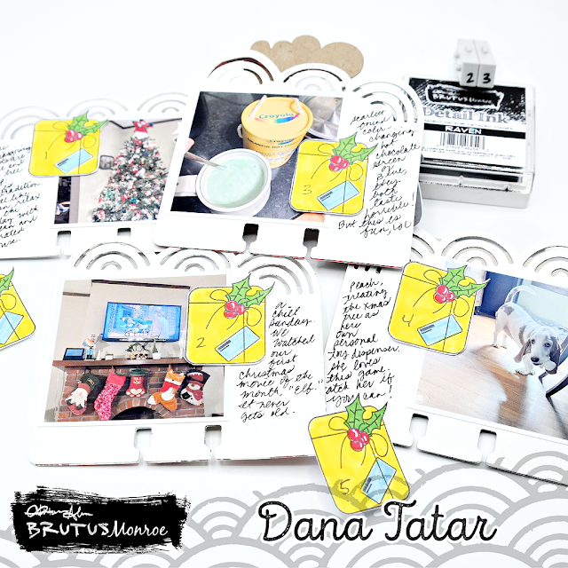 December Daily Memorydex Tray using a mix of Brutus Monroe and Vicki Boutin products to create festive mixed media cards to hold photos and journaling.