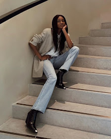 25 Best Light-Wash Jeans for Spring and Summer — Natasha Ndlovu Instagram Outfit Inspiration with Tan Blazer, White Tee, Light Denim, and Boots