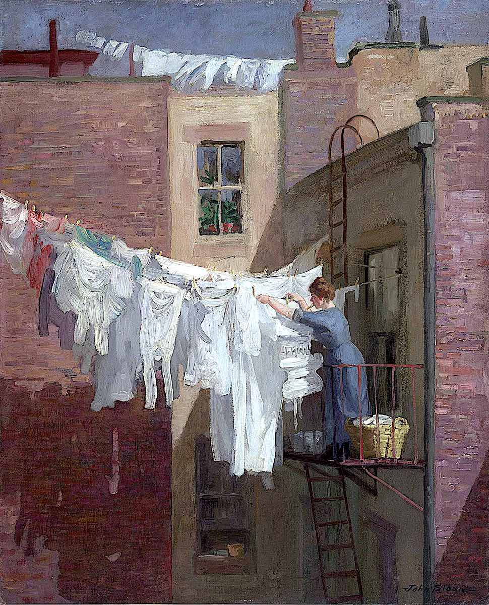 a John Sloan painting of a New York City woman hanging laundry outside