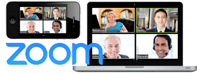 Zoom interface on laptop and mobile with zoom logo - image by zoom