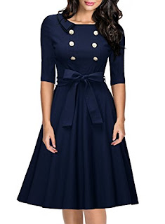 3/4 Sleeve Navy Style Belted Retro Evening Dress