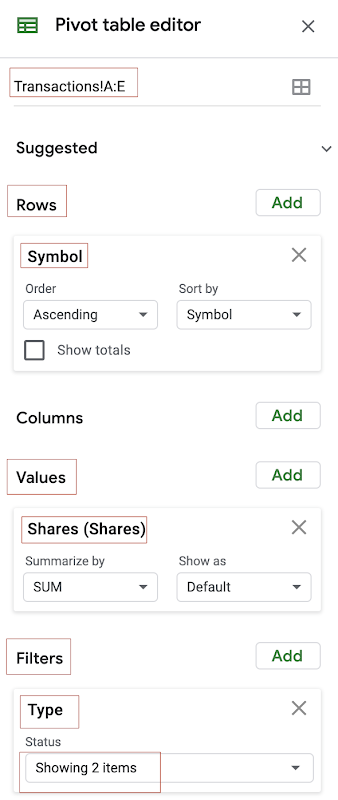 How to use pivot table in Google Sheets to count the number of shares for each stock in the investment portfolio