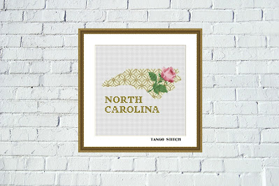 North Carolina map cross stitch pattern floral ornament embroidery - Tango Stitch