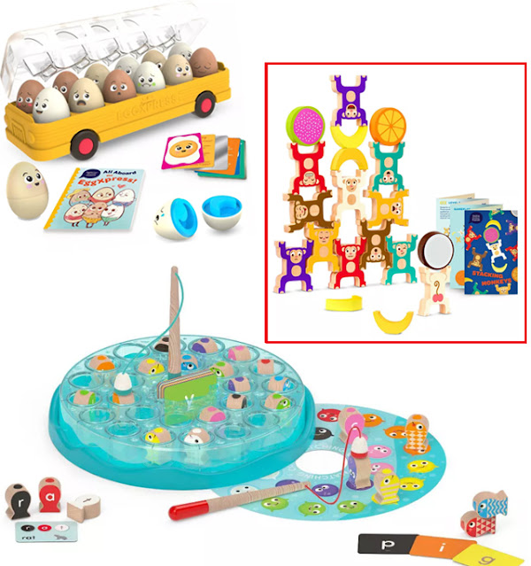 EggXpress Yourself, magnetic fishing game, stacking monkeys, battat education games, kid learning games