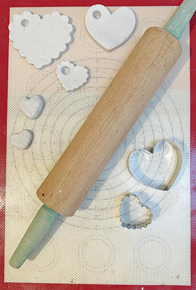 hearts, rolling pin, and cookie cutters