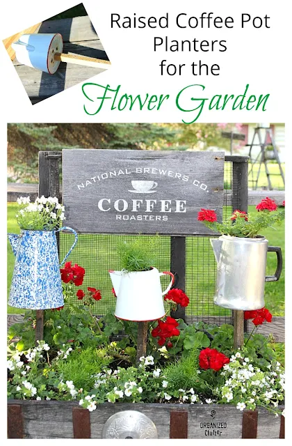 Junk Garden Coffee Themed Decor  #signs #gardensign #oldsignstencils #stencil #coffeepots #junkgarden #gardenjunk #containergarden #gardendecor