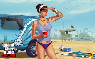 GTA V Artwork wider screen aspect ratio wallpaper girl on beach in white camisole purple blue check tanga