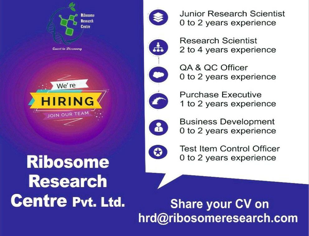 Job Availables,Ribosome Research Centre Pvt. Ltd. Job Vacancy For QA/ QC/ Research Scientist/ Purchase/ Business Development/ Test Item Control- Freshers/ Experienced