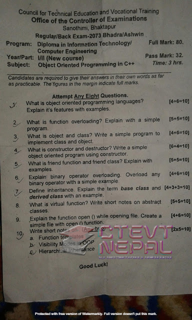 [CTEVT] 1st Year 2nd Semester Object Oriented Programming in C++ | Questions Papers | Diploma in Computer Engineering/IT