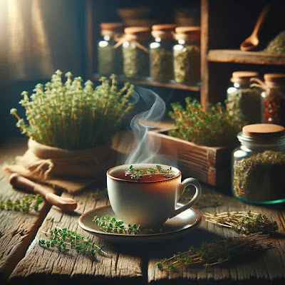 O ceașcă caldă, aburindă de ceai de cimbru, înconjurată de crenguțe de cimbru, pe o masă veche de lemn, cu un fundal de ierburi medicinale tradiționale și o strălucire caldă a lumânărilor pentru a adăuga un sentiment de confort și bunăstare.