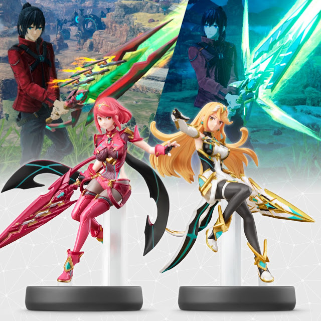 Image of the Pyra and Mythra amiibo and the skins both figures unlock in Xenoblade Chronicles 3