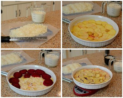 Collage of four photos showing how to make Scalloped Potatoes & Beets ♥ KitchenParade.com.