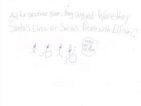 An ambulatory elf wearing a hat stands in a group of similarly dressed figures, both ambulatory and wheeling. A wheeling elf sighs “Oh boy. Here we go again!”  