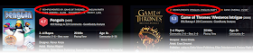 The top portion of the Board Game Geek website listings for Penguins and Game of Thrones: Westeros Intrigue, side by side, with the links to each other circled in red.