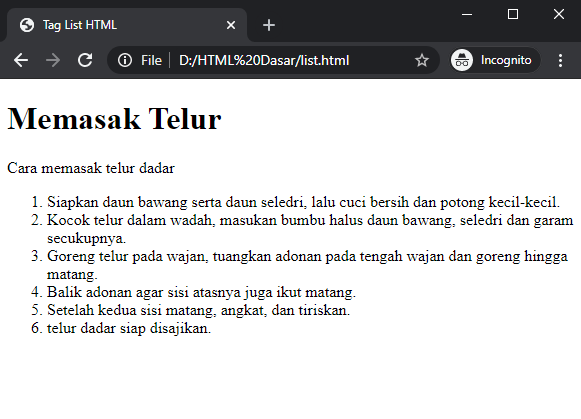 cara membuat ordered list HTML