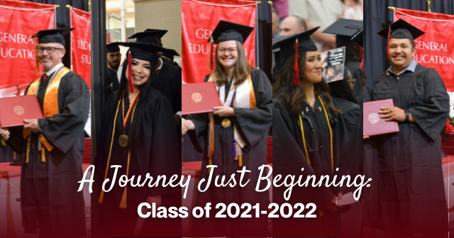 4 students in graduation attire with diplomas in hand. Bottom Text Reads "A Journey Just Beginning. Class of 2021-2022"