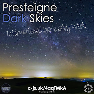 a dark star strewn sky with light pollution rising from the land. Text reads: Presteigne Dark Skies - International Dark Sky Week