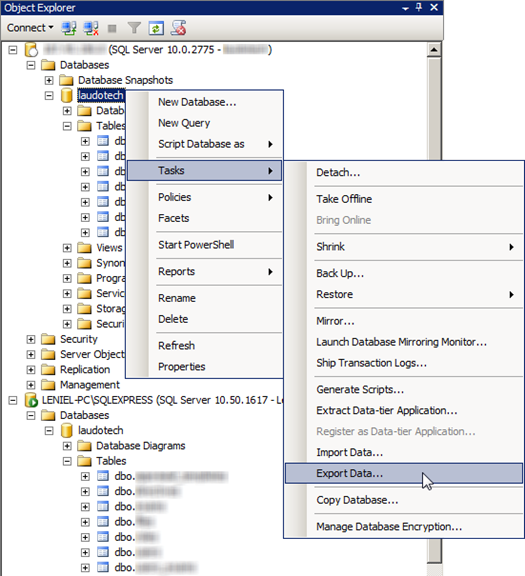 SSMS 2008 Import Export Database Tasks