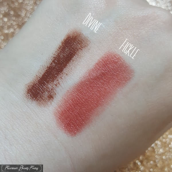 BeneFit Glamourette lipsticks swatches in Divine and Fickle on pale skin