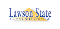 A logo for the Lawson State Community College. It features their name with a bright yellow triangle behind it.