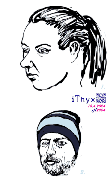 Два  наброска лица: 1. Женское, с волосами собранными резинкой в хвост; 2. Не бритое, мужское, с полосатой шапкой. Автор рисунка: художник #iThyx