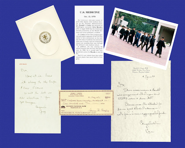 The accompanying check and letters between ret. Navy Vice Admiral (Dr.) Donald L. Custis and a Washington journalist. The journalist bet that USU would never graduate a single student. Today, USU has more than 11,000 elite health care professionals and researchers across the military and the Public Health Service. (Image courtesy of Tom Balfour, USU)