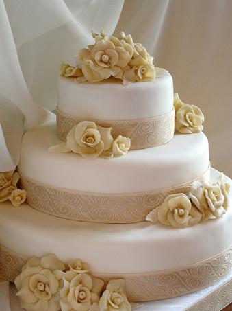 Three Tier White Wedding Cake With White Chocolate Roses