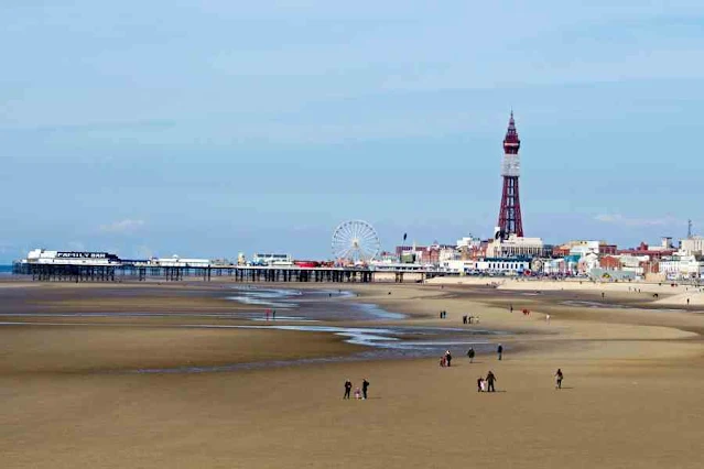 A view of Blackpool beach towards the Pleasure Beach and Blackpool tower