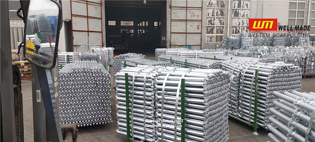 ringlock scaffolding parts in pallets waiting for shipping
