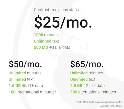 $25 - $65 per month for 500 MB, 1.5 GB, 2.5 GB