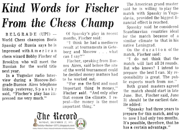 Kind Words for Fischer From the Chess Champ