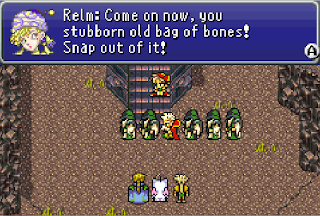 Relm snaps Strago out of his funk at the Cultists' Tower in Final Fantasy VI.