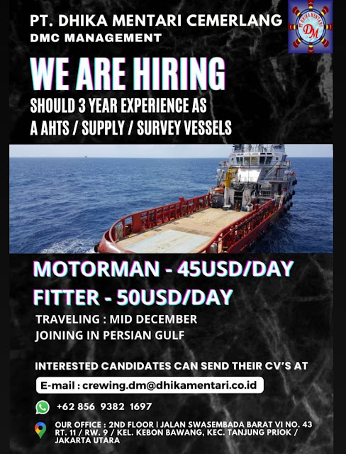 Job Pelaut Motorman, Fitter Kapal AHTS Vessel November 2023