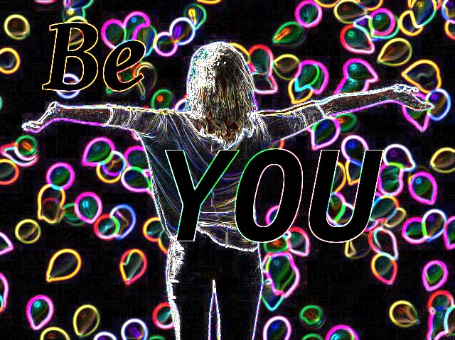 Be You graphic with neon-lined woman and balloons