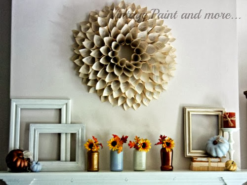 fall mantel with paper cone wreath, diy painted mason jar vases