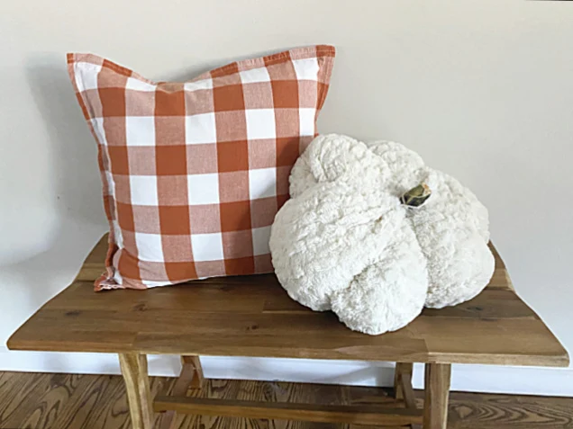 Pumpkin shaped pillow and orange checked pillow