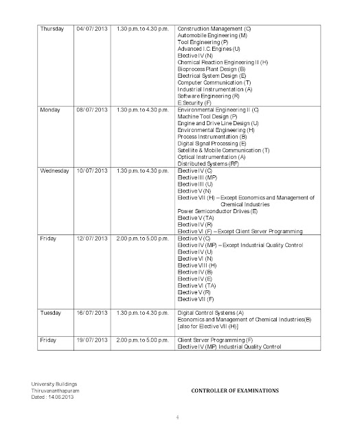 Kerala University S7 & S8 B.Tech Degree Examination Time Table June/July 2013.