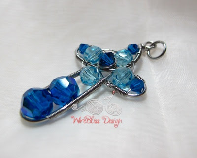 Blue themed Wire Wrapped Cross with Swarovski Crystal