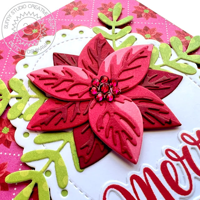 Sunny Studio Blog: Pink Poinsettia Christmas Card (using Holiday Greetings Stamps, Pristine Poinsettia, Winter Greenery & Scalloped Oval Mat 2 Dies and Joyful Holiday 6x6 Paper)