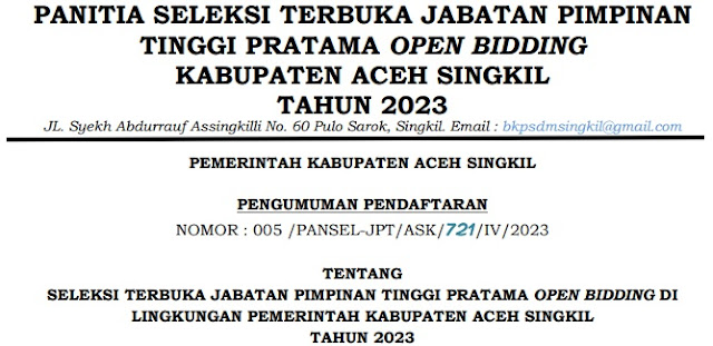 Pengumuman Seleksi Terbuka Jabatan Pimpinan Tinggi Pratama di Lingkungan Pemerintah Kabupaten Aceh Singkil Tahun 2023
