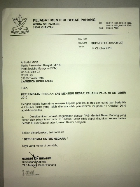PSM Cameron Highlands: Surat dari MB Pahang Dan Janji 