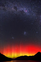 Aurora, Milky Way Galaxy, Large Magellanic Cloud Galaxy and Small Magellanic Cloud Galaxy seen over New Zealand